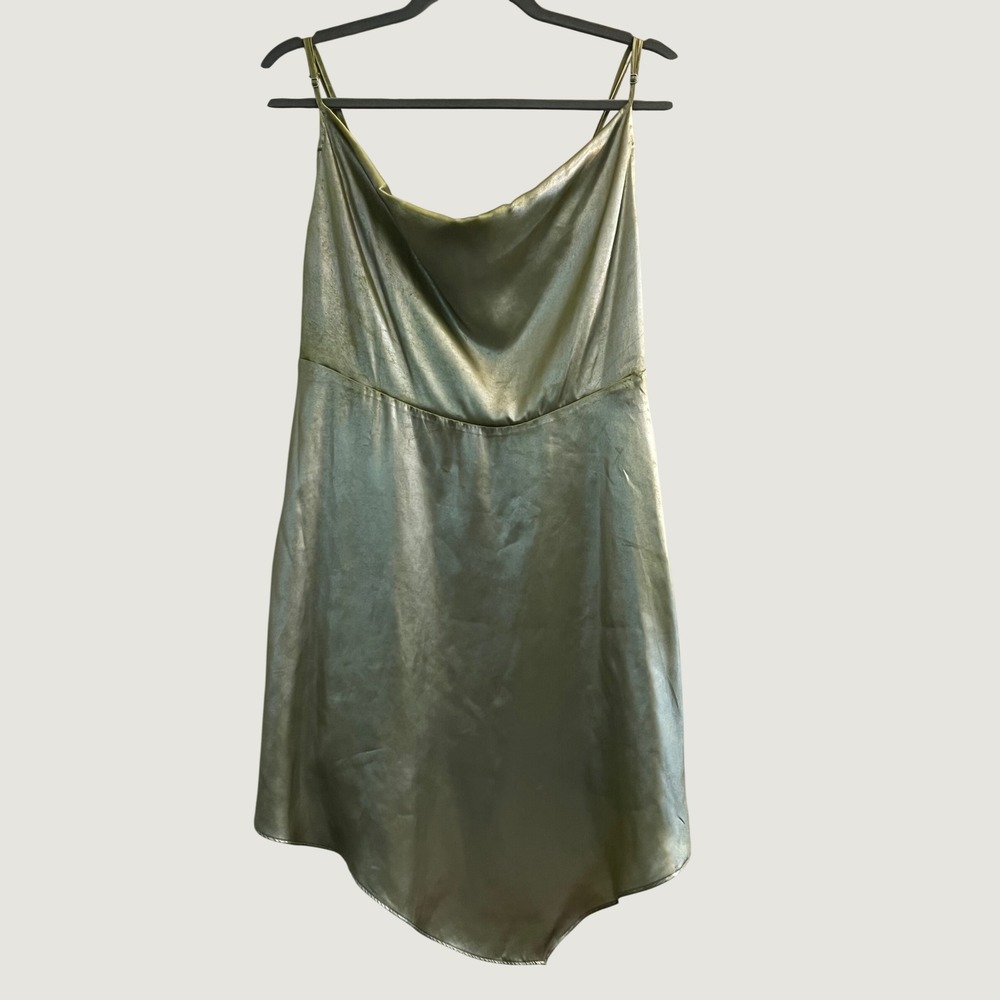 Urban Outfitters Metallic Sage Green Cowl Neck Handkerchief Hem Slip Dress L